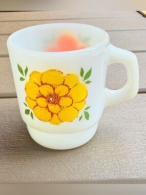 Vintage Fire King 1960s-1970s Stacking Mug Day Breaker Orange & Yellow Floral